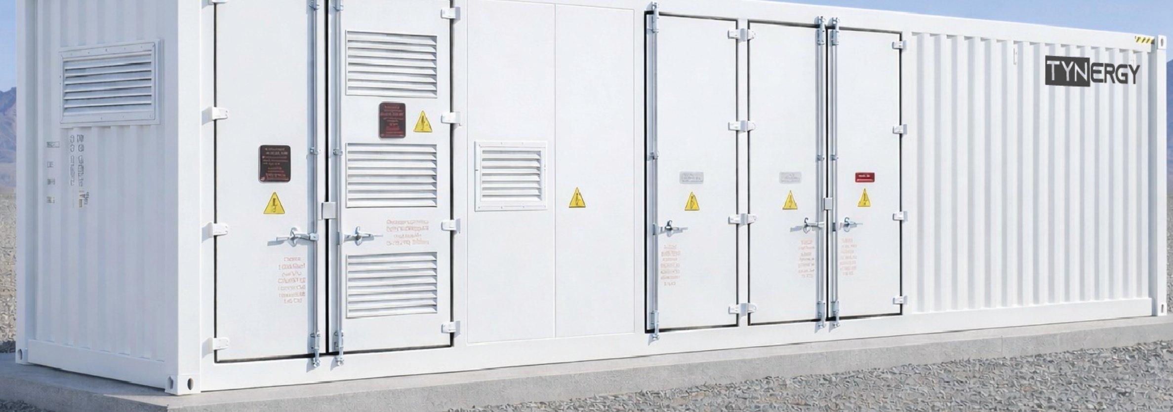 A white Tynergy 1 MWh storage container on a concrete pad