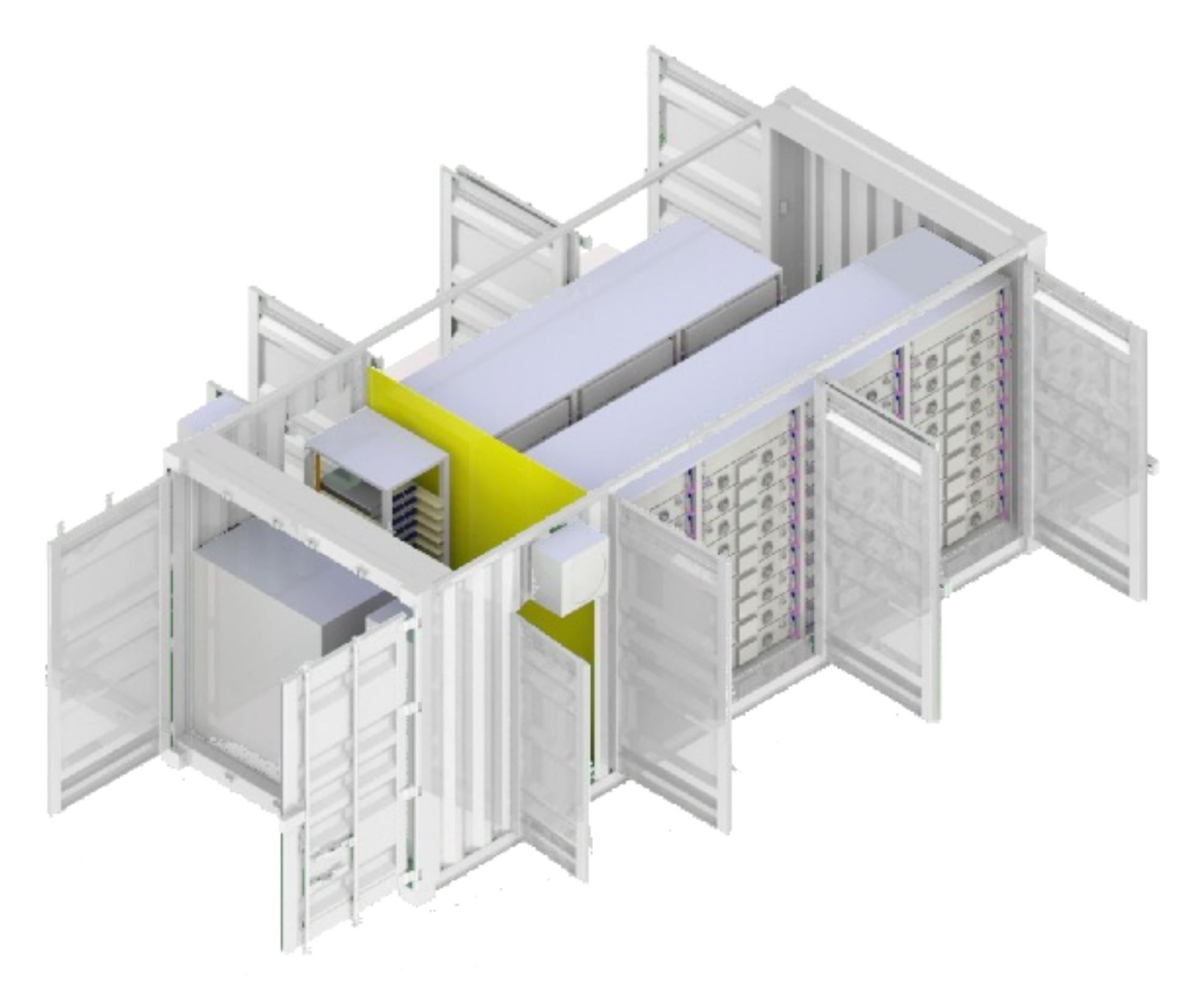 Cutaway view of a white storage container, showing the battery racks