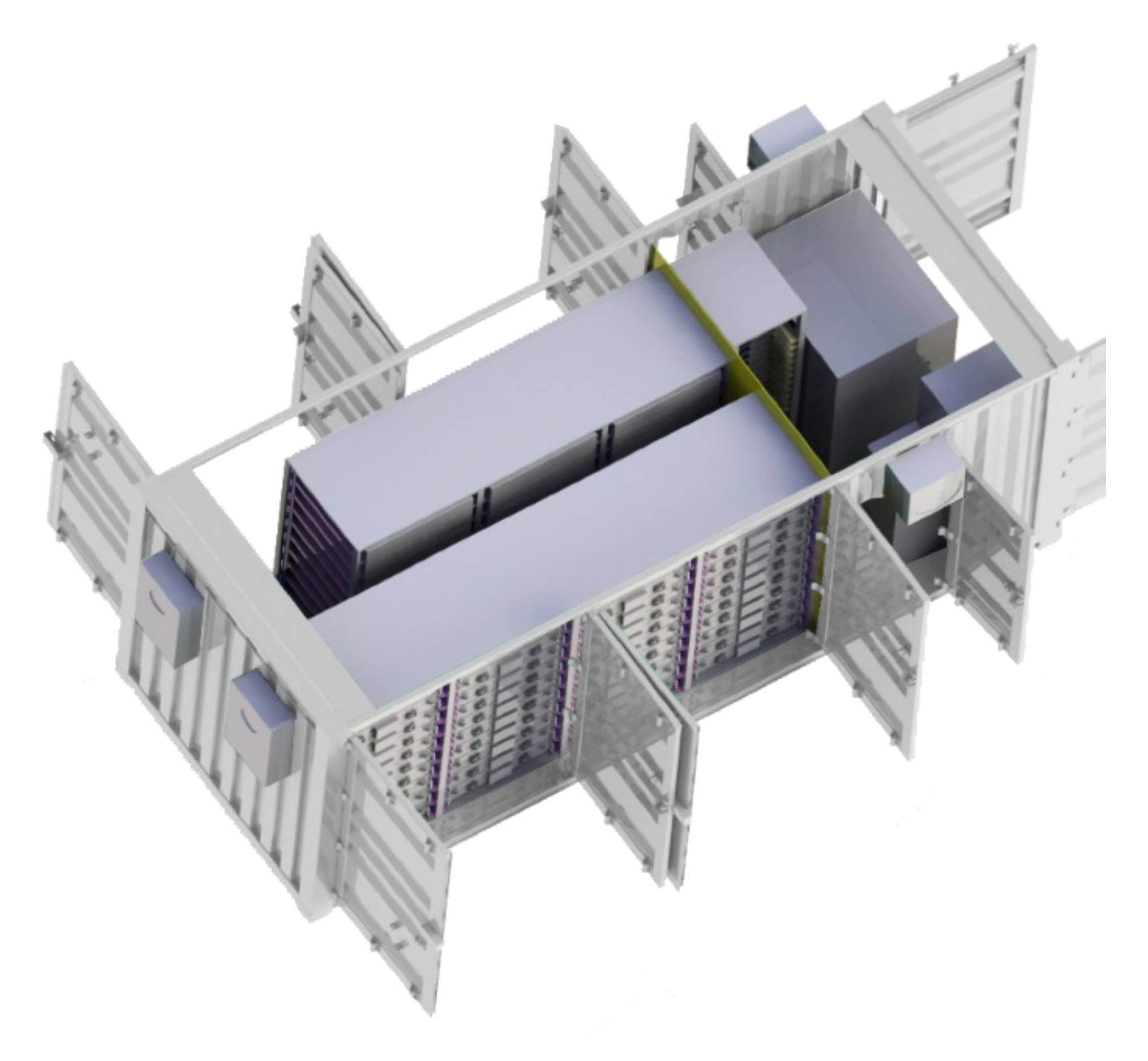 Cutaway view of the white storage container, showing the battery racks inside