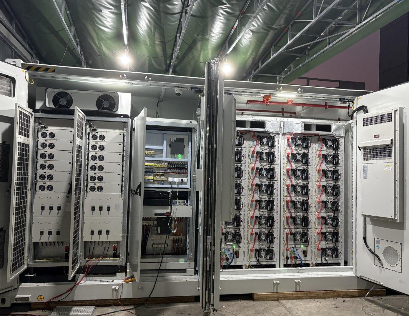 Inside a Tynergy storage container: inverter cabinets and racks of sodium-ion battery packs