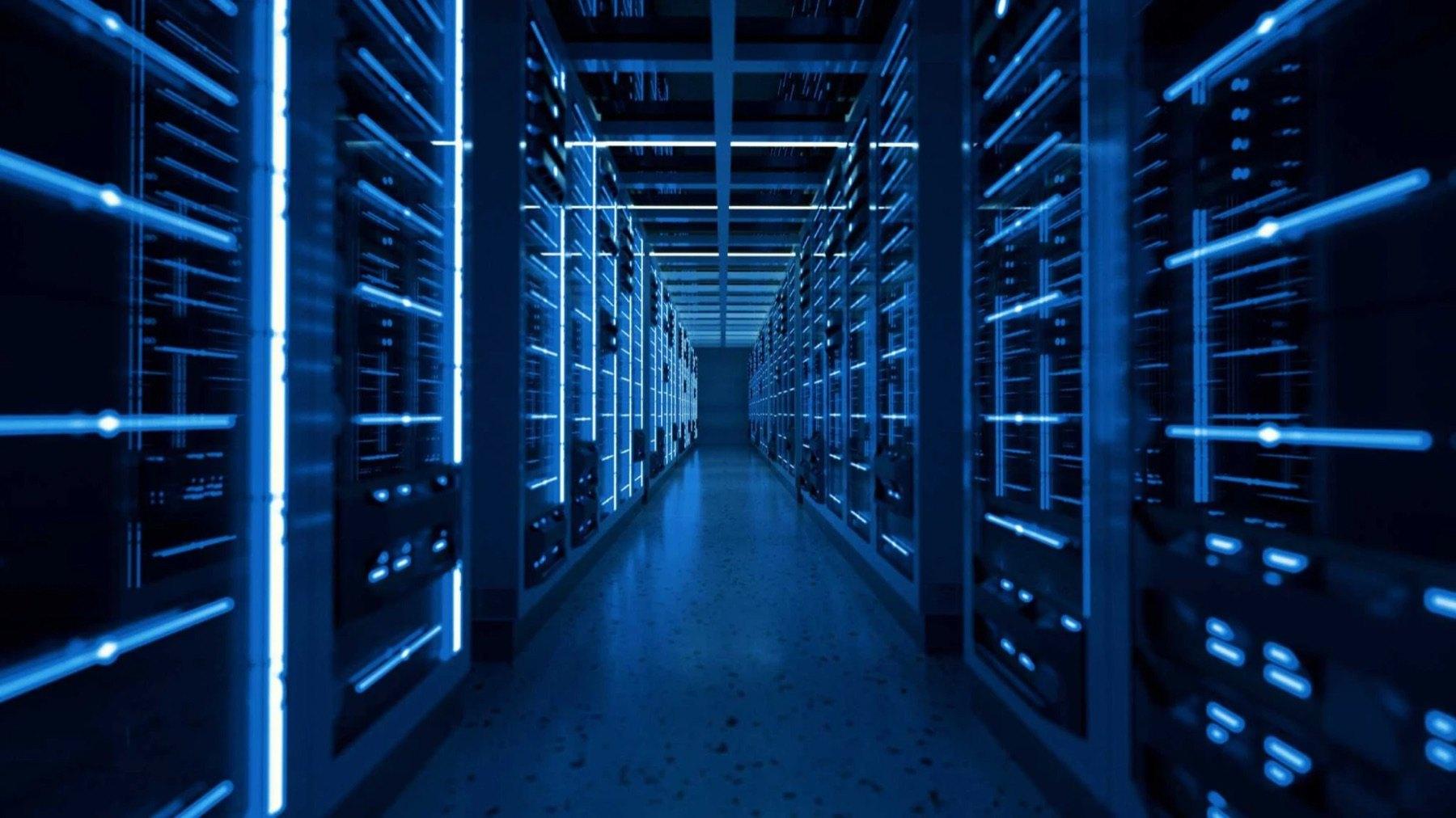 A data centre aisle lined with server racks