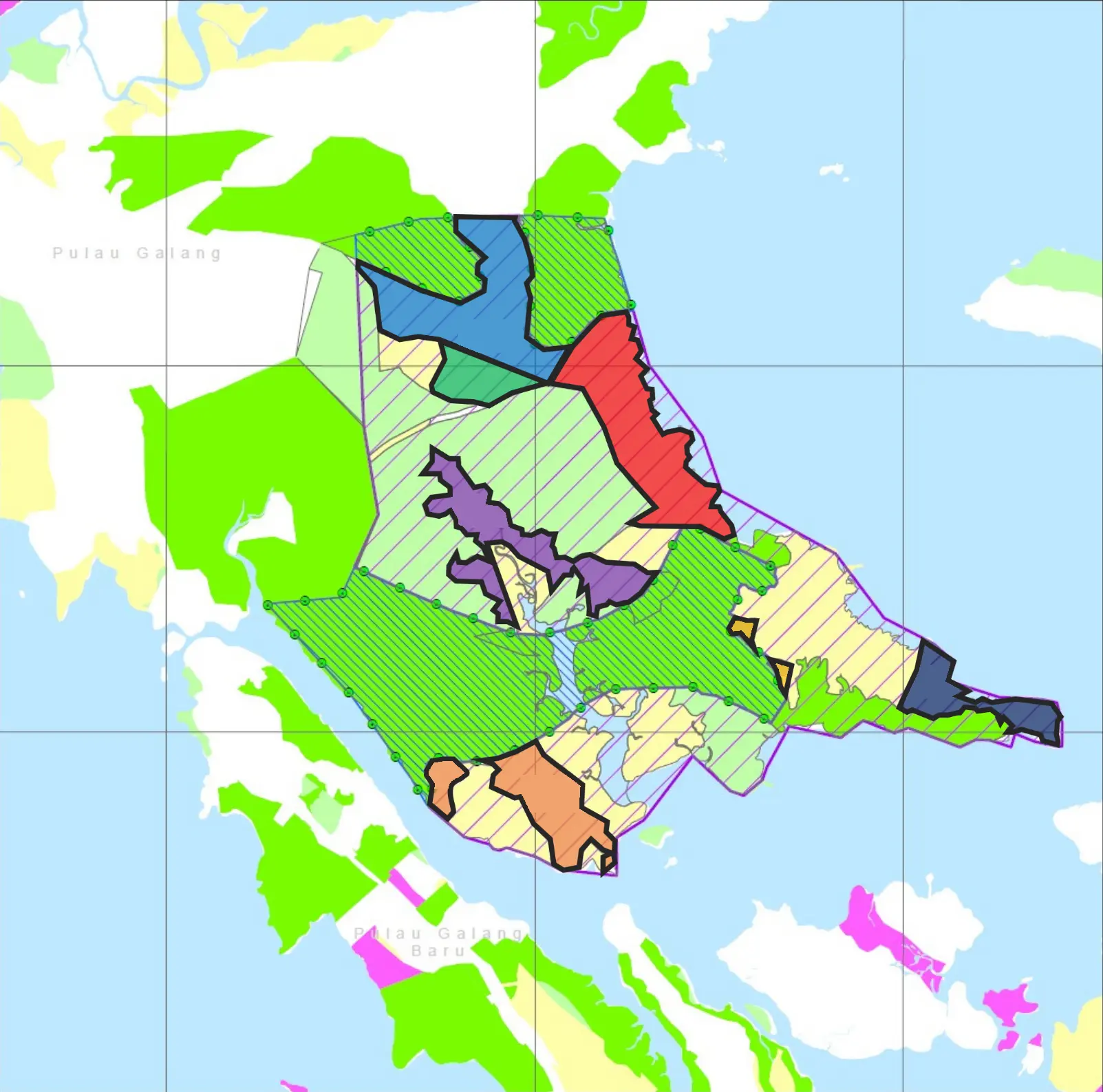 Plot map of the Wiraraja GESEIP park on Galang Island, with the plots of each company shown in colour