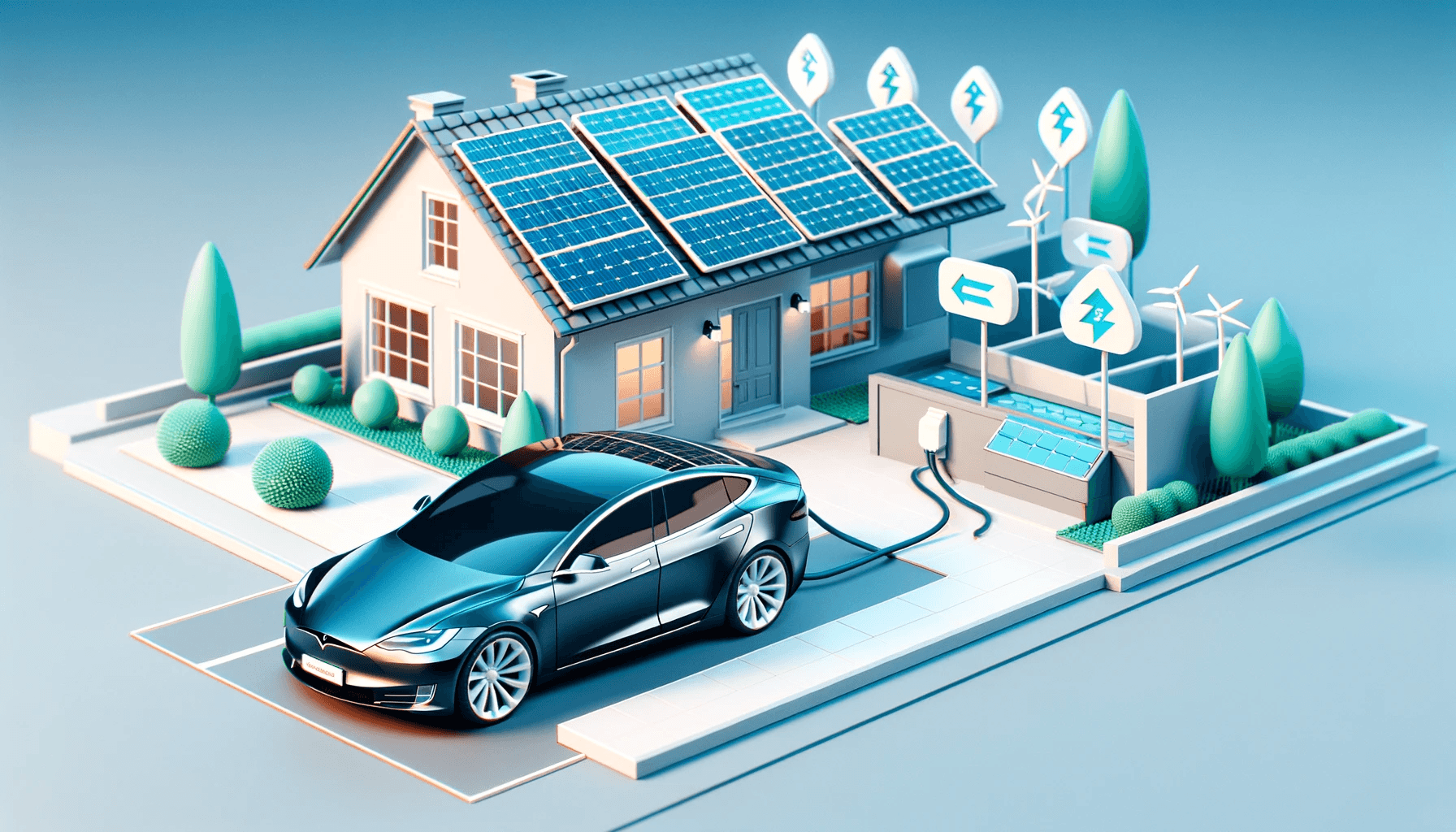 Illustration of an electric car charging at a house with rooftop solar panels