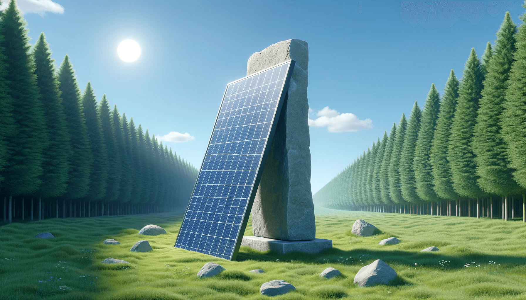 Illustration of a solar panel leaning on a standing stone in a forest
