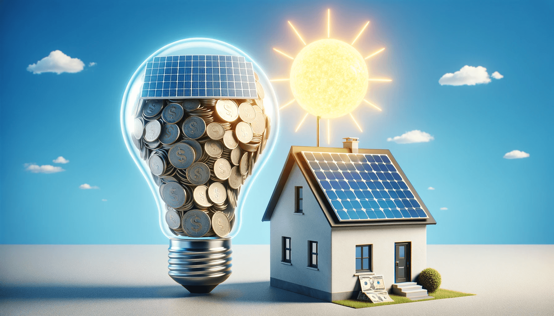 Illustration of a light bulb filled with coins next to a house with solar panels