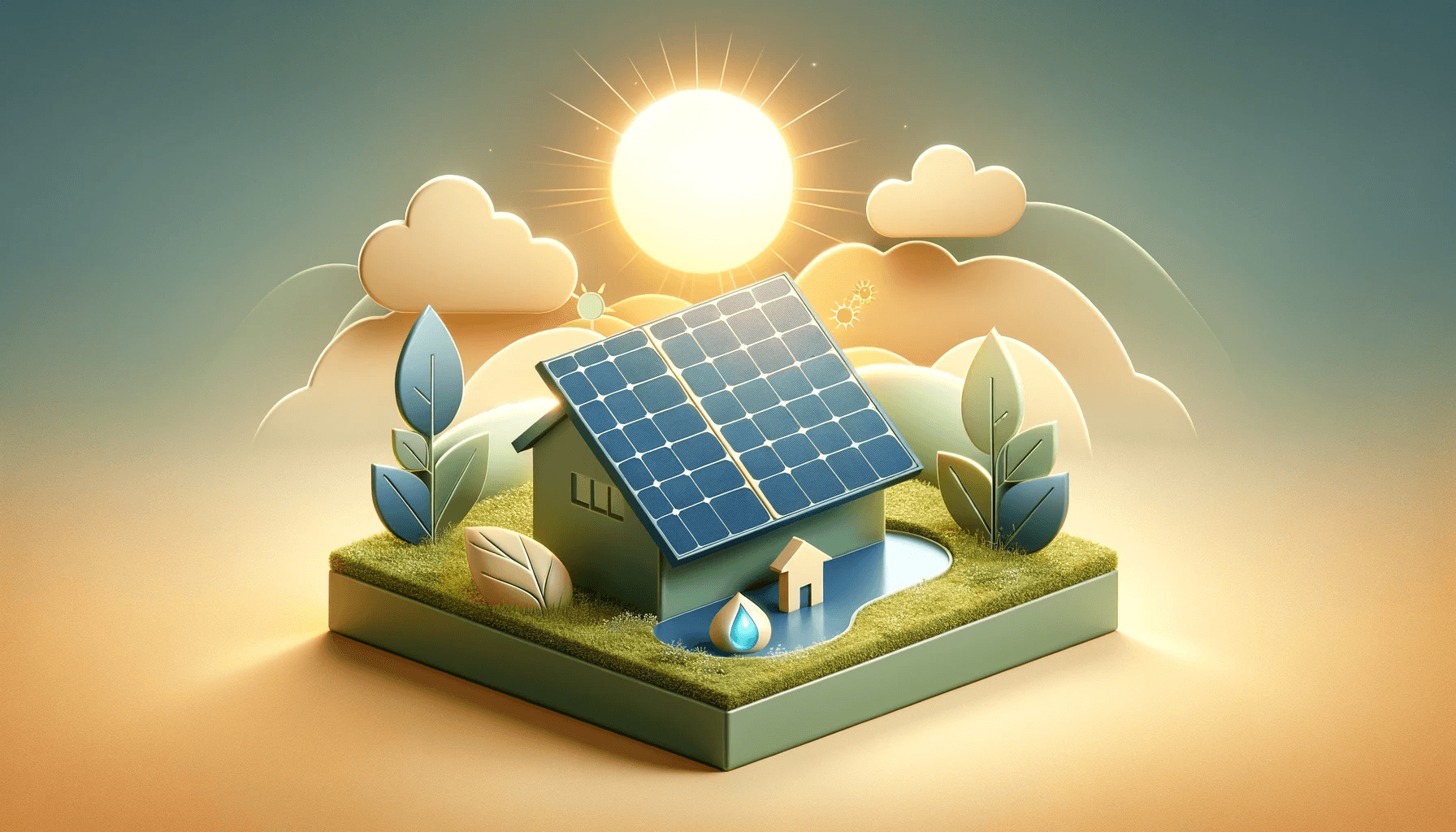 Illustration of a small house with solar panels under a bright sun