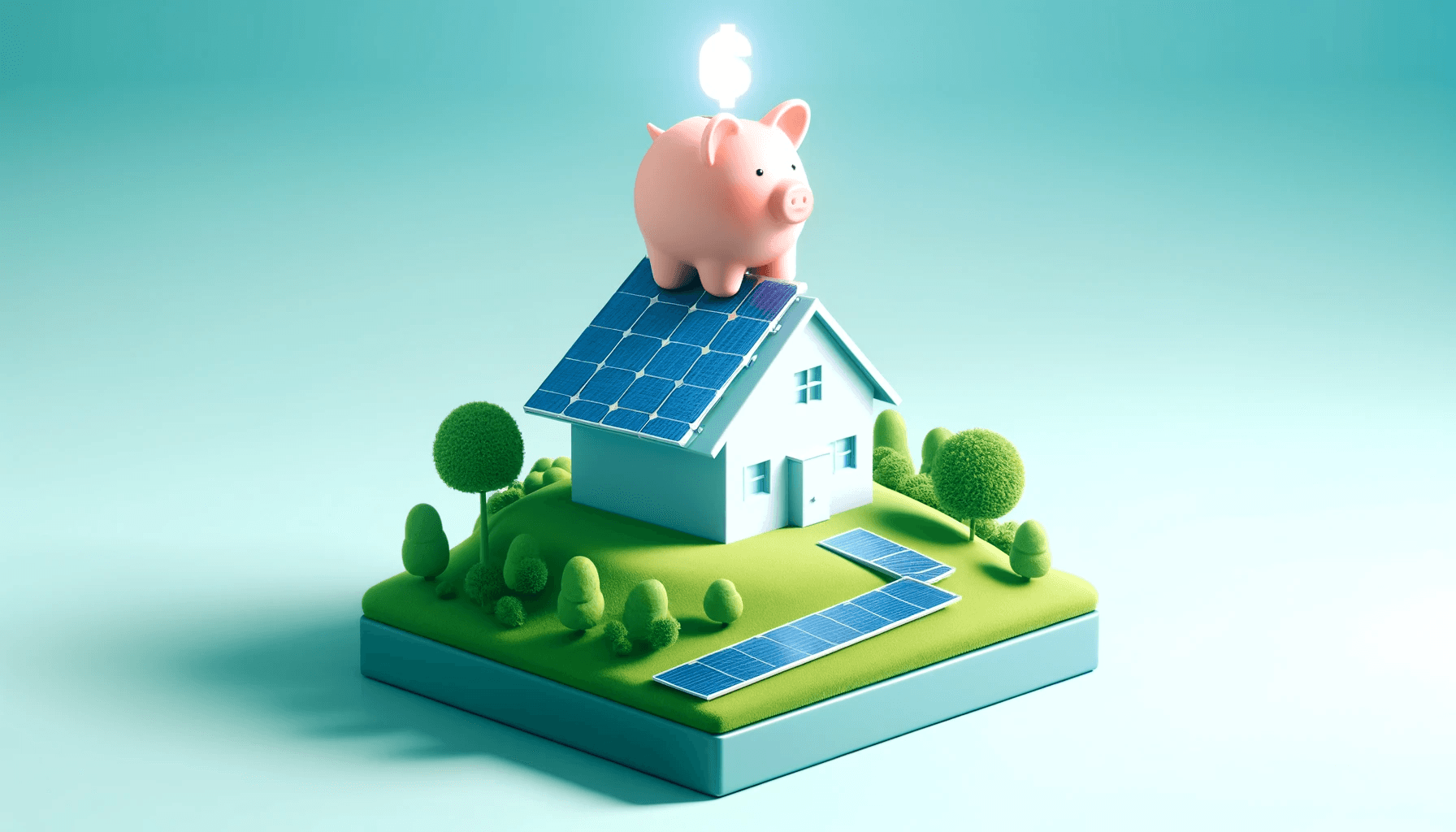 Illustration of a house with solar panels and a piggy bank on the roof