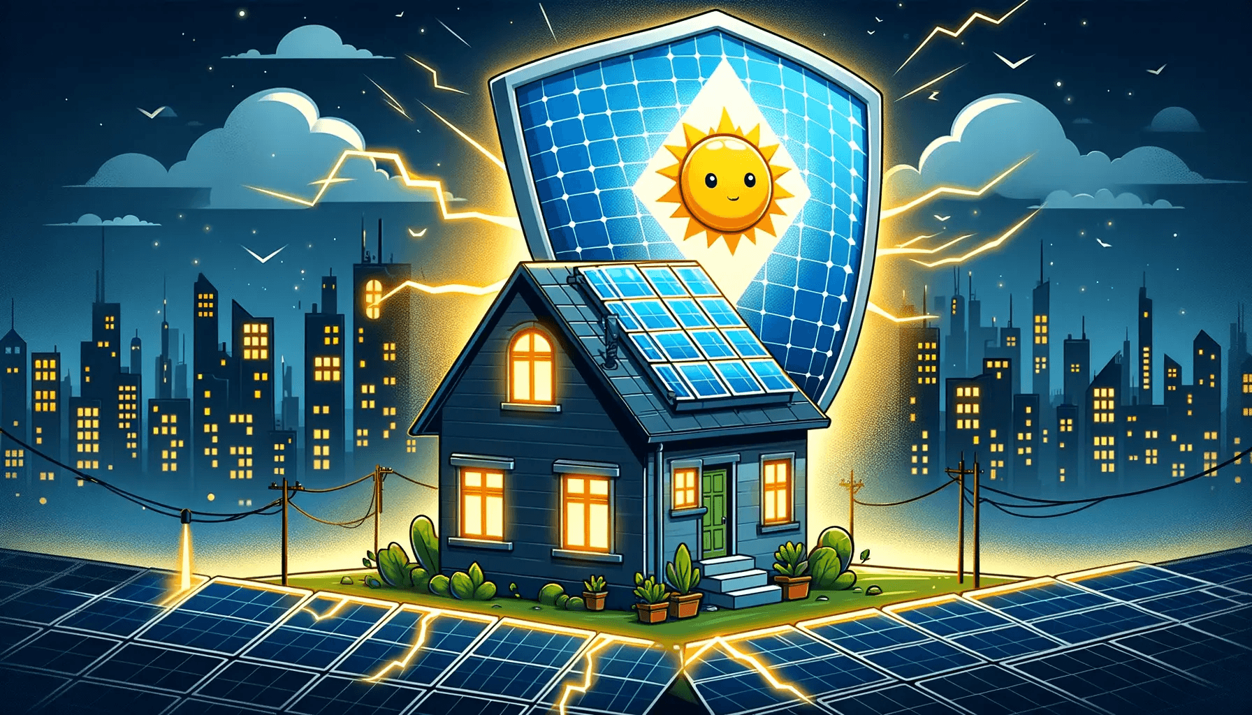 Illustration of a house with solar panels protected by a shield during a storm