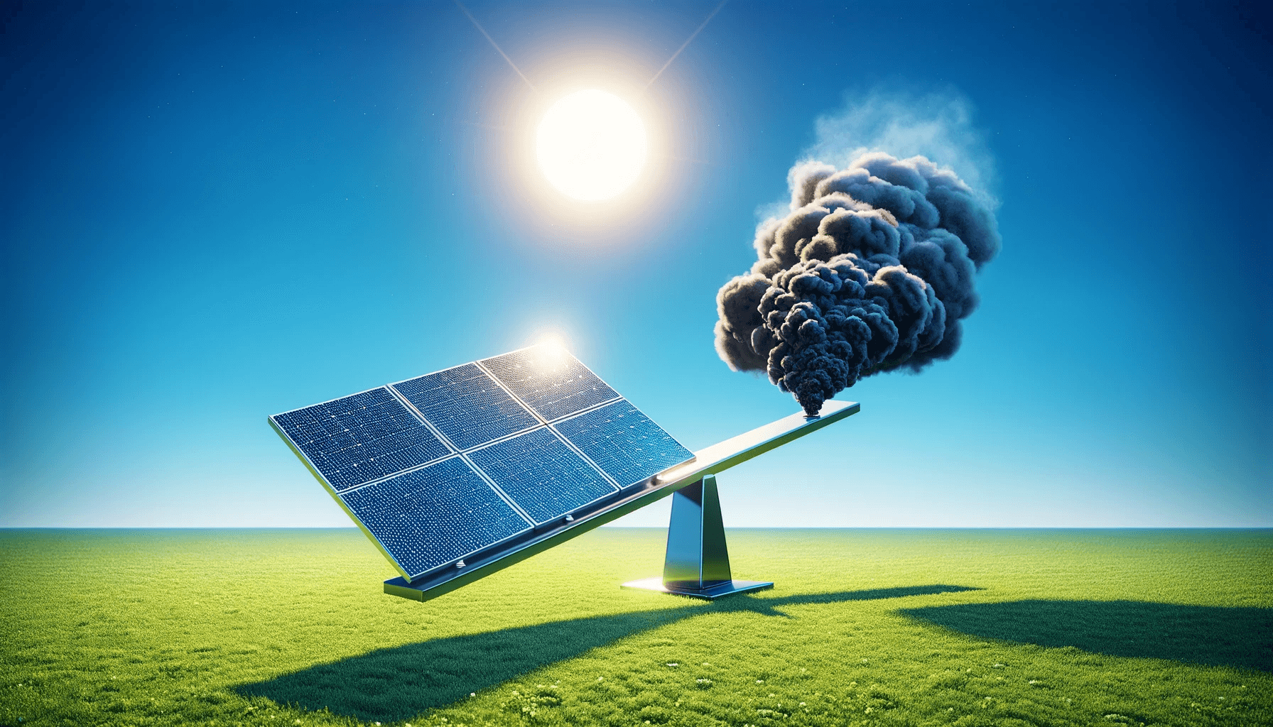 Illustration of a solar panel on a balance that outweighs a cloud of smoke