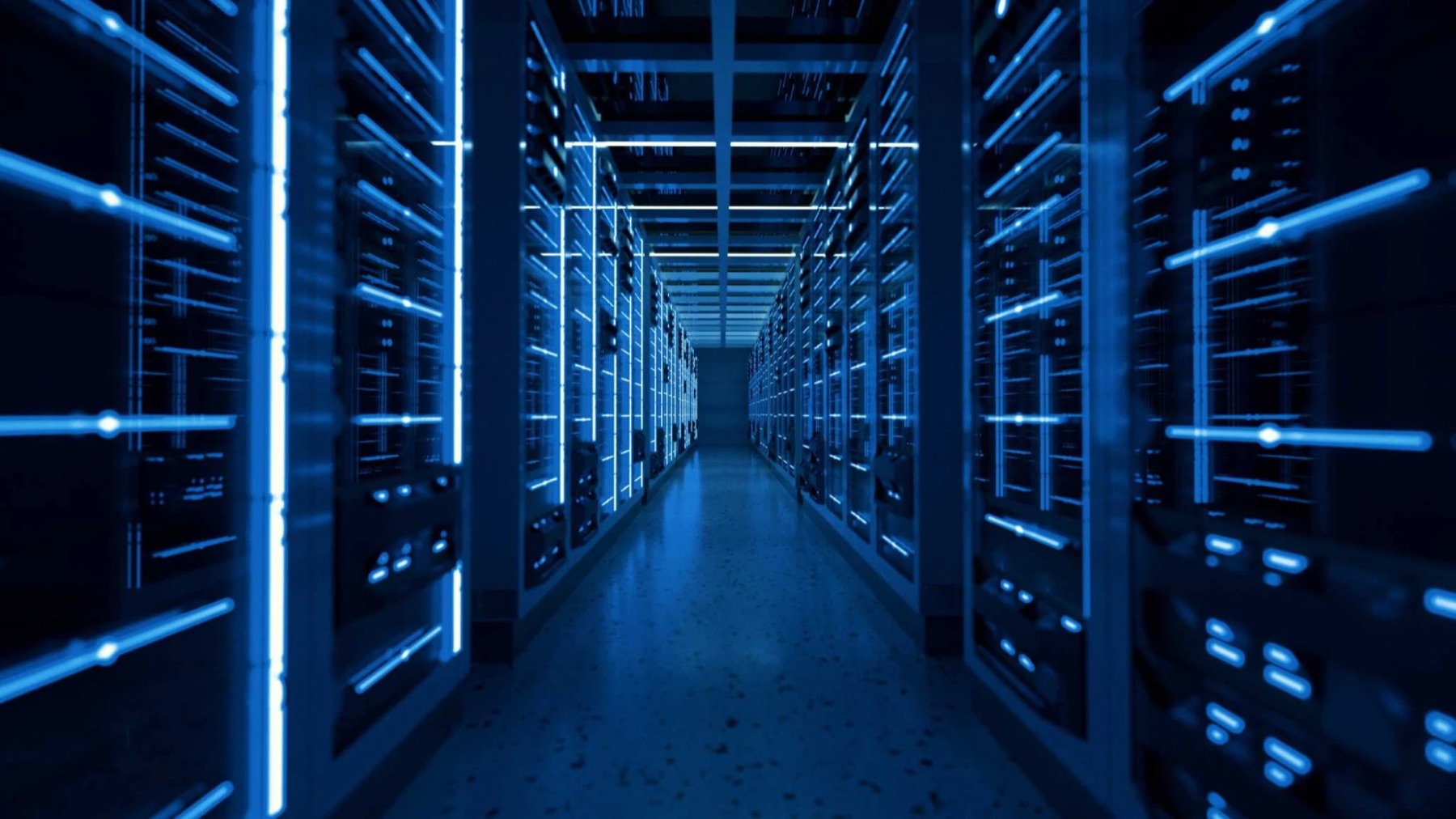 Data center aisle lined with blue-lit server racks