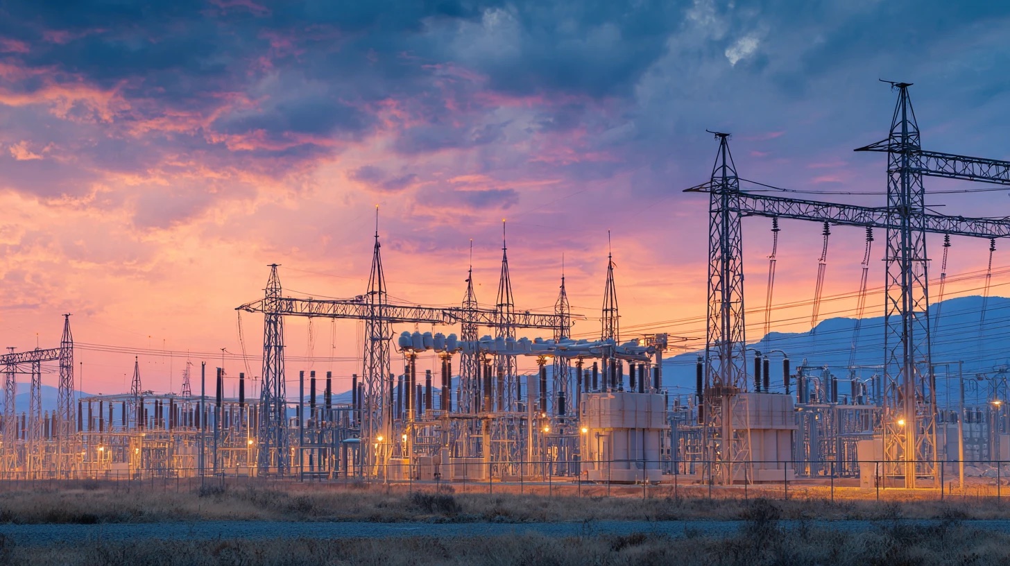Electrical substation and transmission towers at dusk